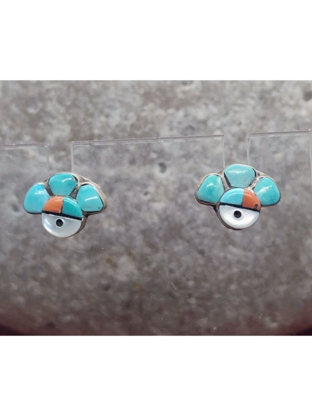 Vtg Zuni Sterling Silver Inlay Kachina Face Earrings Turquoise Coral MOP